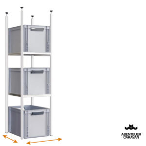 20260214-regalsystem-q30-300-mm-x-tiefe-400-mm Auszugssystem Heckgarage Wohnmobil: Maßgefertigtes Regalsystem mit Einhandverriegelung und grauen Euroboxen.