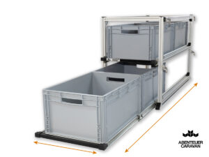 Auszugssystem Kastenwagen: Maßgefertigtes Regalsystem mit Einhandverriegelung und grauen Euroboxen.